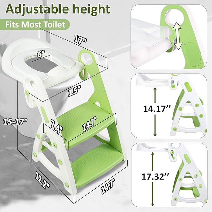 Potty Training Seat, Primlect Upgrade Ultra-Stable Toddler Toilet Seat for Kids Boys Girls, 2 in 1 Potty Training Toilet with Step Stool, Adjustable Seat and Ladder, Non-Slip Pad, Splash Guard (Green)