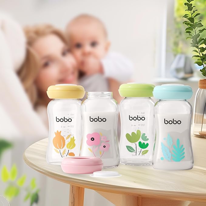 YOHKOH Glass Breast Milk Storage Bottles - 100% Leak-Proof, BPA-Free Breastmilk Storage Containers, Freezer & Dishwasher Safe, Ideal for Nursing Mothers (Green, 5.4oz (Pack of 4))