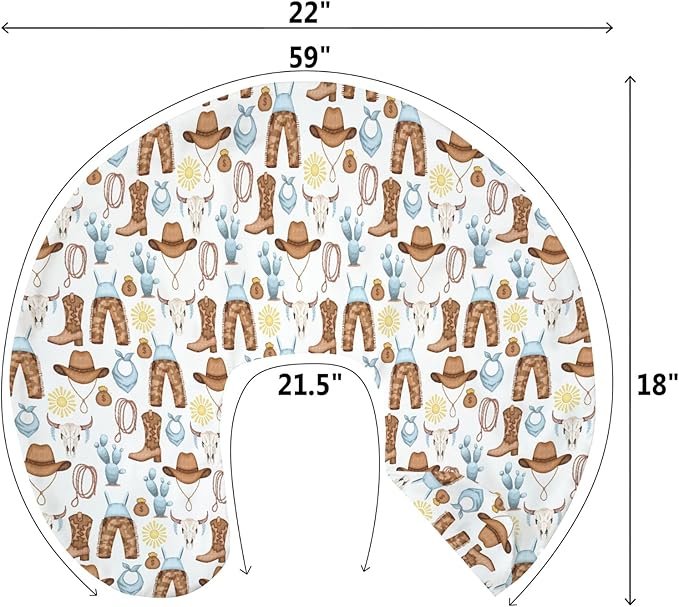 Blue Western Cowboy Baby Nursing Pillow Covers for Boy Cowboys Boots Hat Horse Cactus Sun Cow Skulls Nursery Slipcover for Breastfeeding Pillows Wild West Soft Stretchy Cover for Newborn Infant