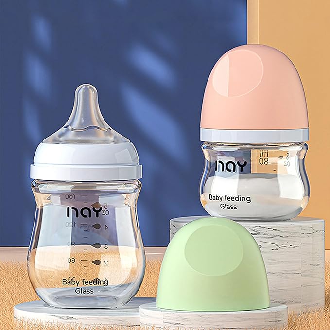 yanyoyo Natural Glass Baby Bottle Wide Neck, Newborn Anti-Colic Baby Bottle, Clear, 3oz(Pack of 4), Includes 4Pcs Slow Flow Nipple(SS), 0 Months+