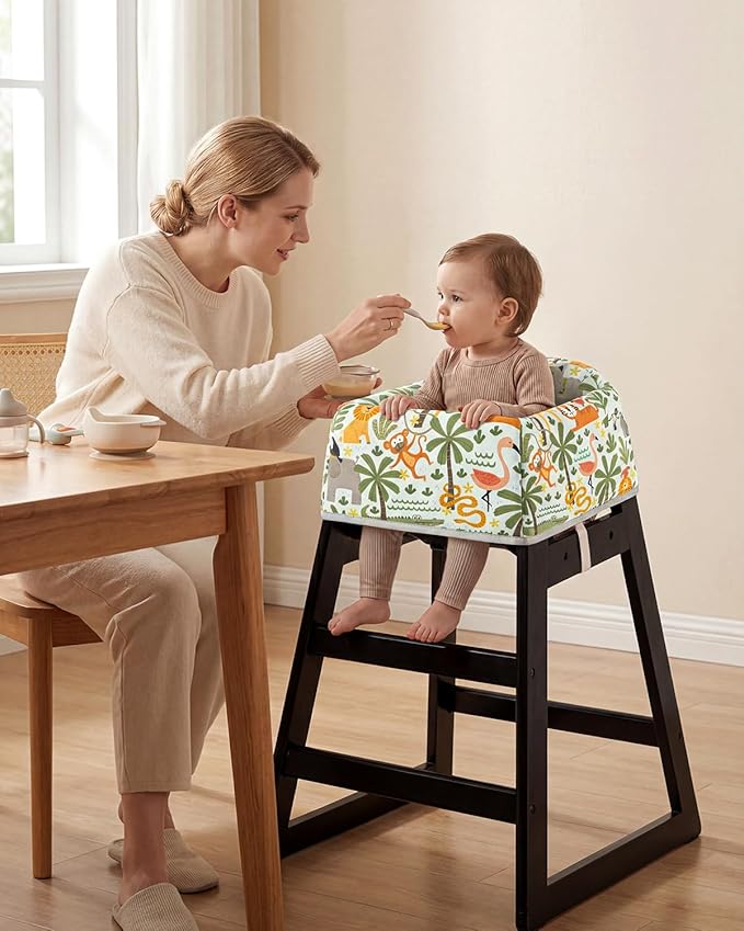 Mamatepe Baby High Chair Cover Restaurant with Strap Pads & 2-Point Harness - Machine Washable, Waterproof, Portable for Restaurant/Travel/Home - Fits Wooden High Chairs, Green Forest