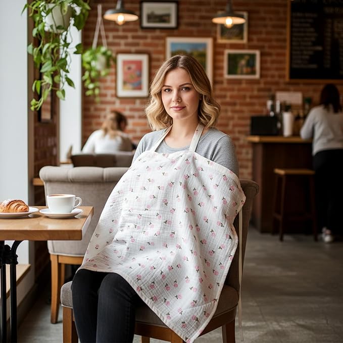 Muslin Nursing Covers for Baby Breastfeeding Privacy Breast Feeding Cover Breathable Breastfeeding Cover up with Arch Neckline Multi-use Stroller Covers for Women Nursing Apron