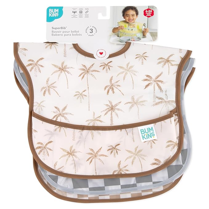 Bumkins Bibs for Girl or Boy, SuperBib Baby and Toddler for 6-24 Months, Essential Must Have for Eating, Feeding, Baby Led Weaning Supplies, Mess Saving Catch Food, 3-pk Palms and Checks