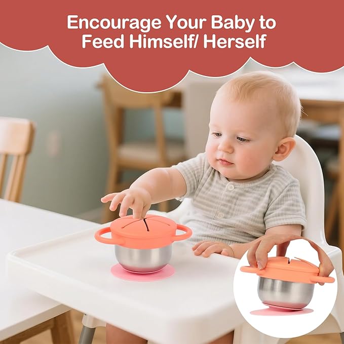Daximo 2 Pack Toddler Snack Cups — 5-in-1 Snack Cups for Toddlers Spill Proof with Suction Cup and Anti-Loss Rope, Detachable Stainless Steel Cups with Silicone Lids & Handles (Orange and Yellow)