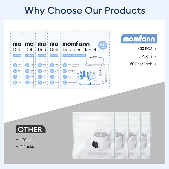 MOMFANN 300 Professional Deep Cleaning Detergent Tablets for All Baby Bottle Washers, Washer Tablets for Bottle Washer and Sterilizer and Dryer, Easy to Use