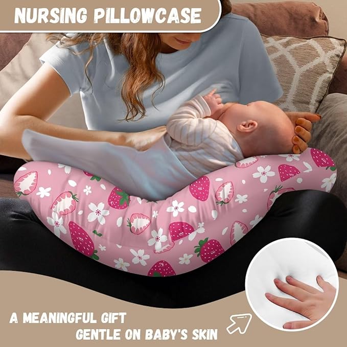 Strawberry Floral Nursing Pillow Covers for U-Shaped Breastfeeding Pillow Nursing Pillow Case for Newborn Boys Girls Hidden Zipper Design Soft and Skin-Friendly