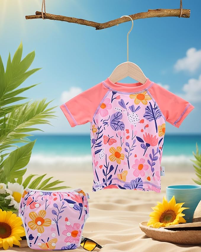ALVABABY Baby Girl Swimsuit, 2-Piece Infant Toddler Bathing Short Sleeve Swimwear, Large Baby Reusable Swim Diaper with Matching Top