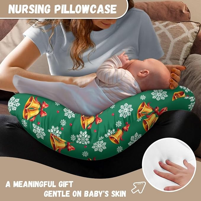 Nursing Pillow Cover Slipcover Xmas Bell and Snowflake Maternity Breastfeeding Newborn Infant Feeding Cushion Cover Breathable Breastfeeding Cover for Nursing Pillow