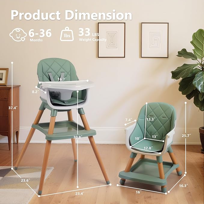 Kinder King 7 in 1 Baby High Chair for Babies and Toddlers with Large Storage Footrest, Booster Seat, Convertible Wooden High Chair with 3-Depth Double Dishwasher Safe Tray, 5 Point Harness, Green