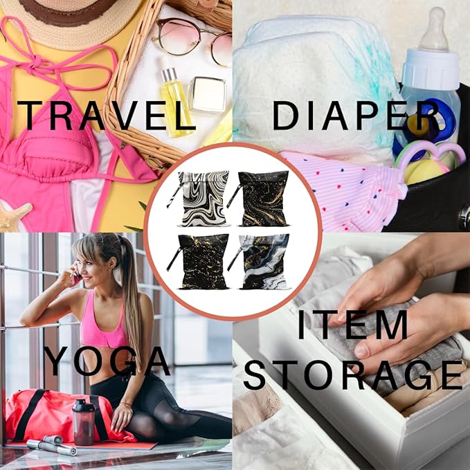 4 Pack Gold Black Marble Wet Bag Waterproof Washable Reusable Wet Dry Bag for Swimsuit Clothes Cloth Diaper Travel Beach Pool Gym Toiletries Gift for Women Mom Mama Birthday Christmas Housewarming