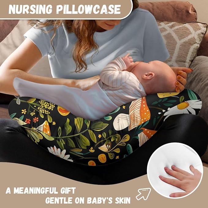 Mushroom Daisy Print Feeding Pillow Cover Breastfeeding Pillow Covers for Breastfeeding Mom Soft Nursing Pillow Case Skin-Friendly U-Shaped Hidden Zipper Design