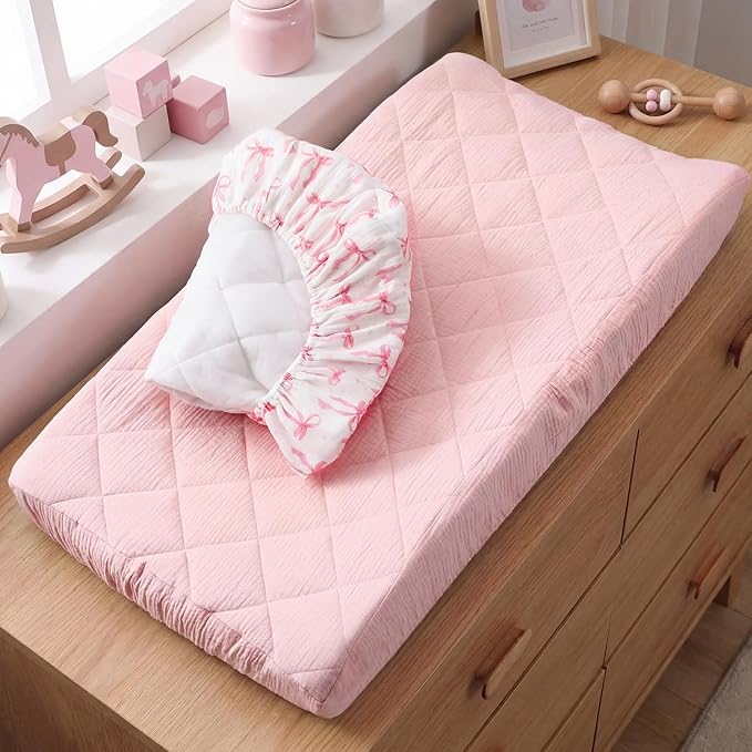 Frienda 2 Pack Pink Changing Pad Covers Waterproof Pink Bow Muslin Changing Pad Covers 32 x 16 Inch Coquette Quilted Cotton Fitted Diaper Sheet Breathable Extra Thick Sheets for Girls