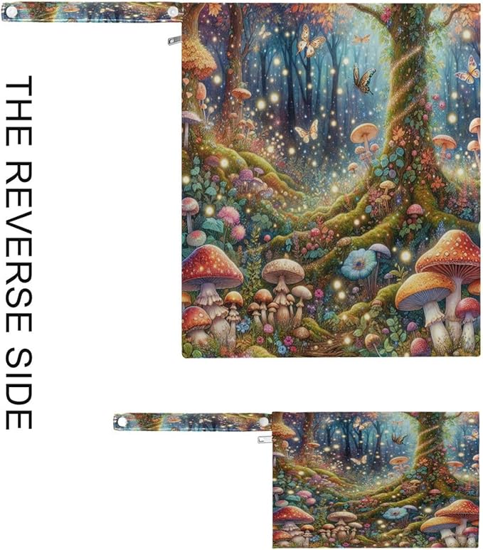 2 Pack Fairyland Forest Mushrooms Cloth Diaper Wet Dry Bags,Waterproof Reusable Wet Bag with Two Zipper Pockets& Handle,Washable for Swimming,Travel,Beach,Pool or Wet Clothes