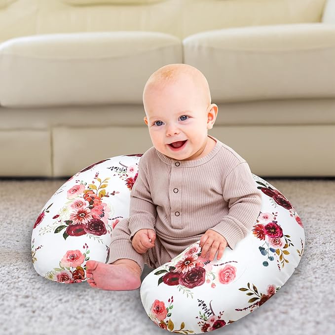 SWESEN Floral Nursing Pillow Cover for Baby Girl, Soft Organic Breastfeeding Pillow Slipcover, Burgundy Watercolor Flower