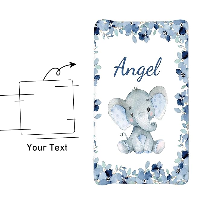 Personalized Baby Changing Pad Cover with Name - 2 Piece Lovely Blue Elephnat Baby Pee Pad Cover for Diaper Changing Table, Portable Custom Gifts for Infant Baby