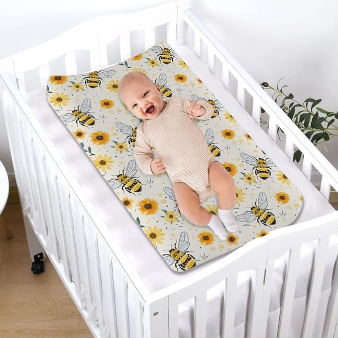 Watercolor Bees Boho Sunflowers Leaves Changing Pad Covers for Baby Toddler, 32''x16'' Bee Pattern Polyester Fitted Changing Pad Sheets