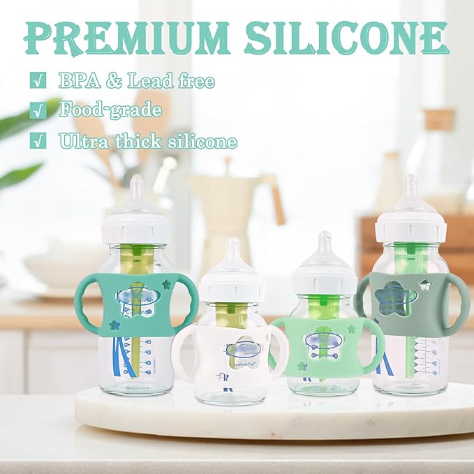4 Pack Baby Bottle Handles, Silicone Bottle Handles for Dr Brown Wide-Neck Baby Bottles (White+Blue+Green+Grey)