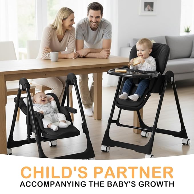 3-in-1 High Chairs for Babies and Toddlers, Foldable Baby High Chair with Rocking Mode, 5 Height Levels, Adjustable Backrest & Footrest, Lockable Wheels (Black)