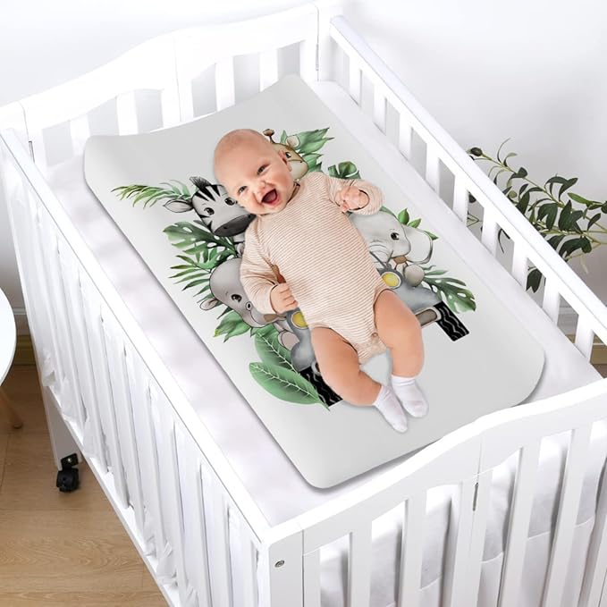 Jungle Safari Animals Truck Tropical Leaves Changing Pad Covers Elephant Giraffe Zebra Lion Hippo Diaper Change Table Sheets for Boy Girl Soft Stretchy Snug Fitted Changing Table Mats 32''x16''