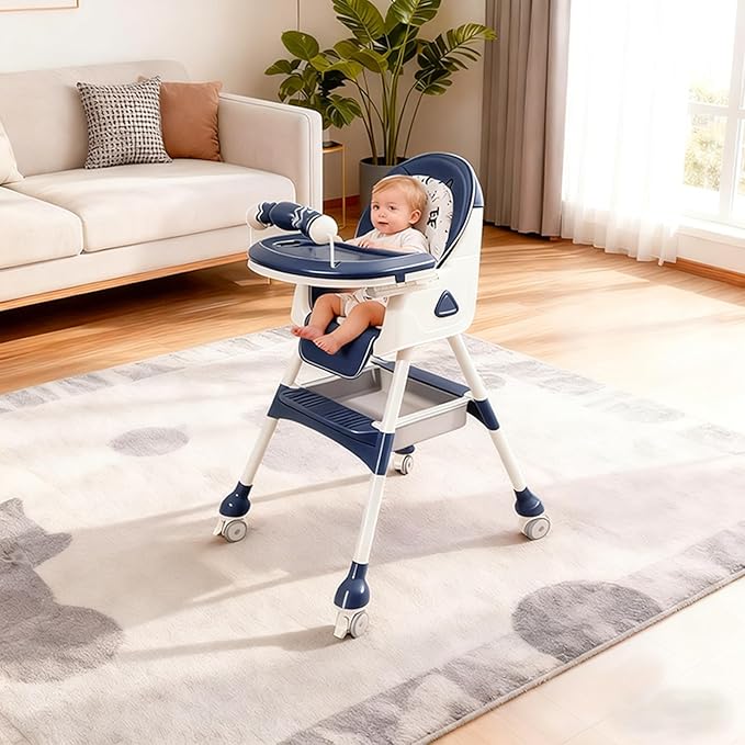 Foldable 4-in-1 Baby High Chair for Babies & Toddlers, High Chair with Detachable PU Cushion, Removable Tray, Adjustable Height, Locking Wheels,Blue