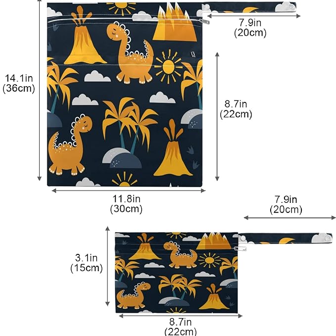visesunny Yellow Dinosaurs Volcano and Palm Tree 2Pcs Wet Bag with Zippered Pockets Washable Reusable Roomy for Travel,Beach,Pool,Daycare,Stroller,Diapers,Dirty Gym Clothes, Wet Swimsuits, Toiletries