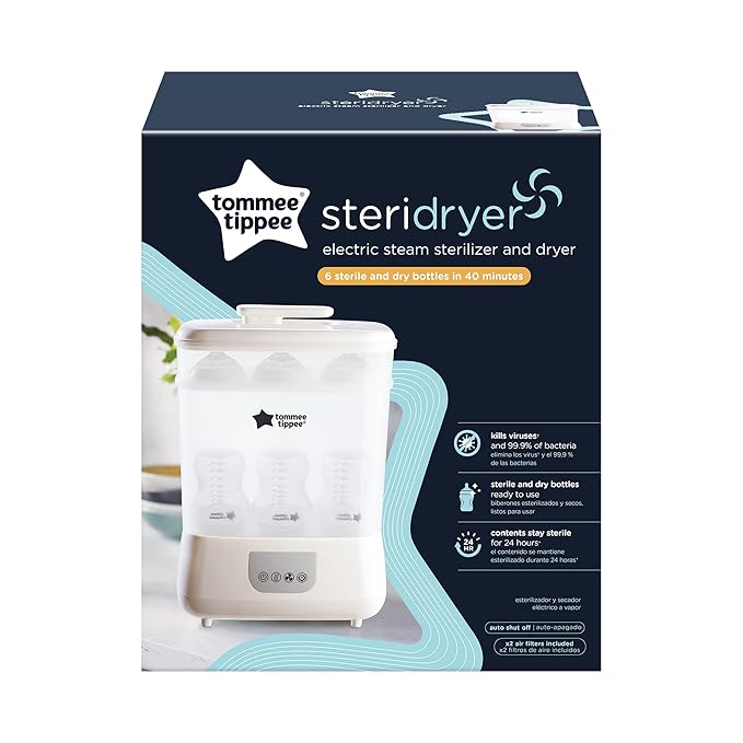 Tommee Tippee Steridryer Electric Steam Sterilizer and Dryer, White, for Baby Bottles and Feeding Accessories, Kills Viruses* and 99.9% of Harmful Microbes