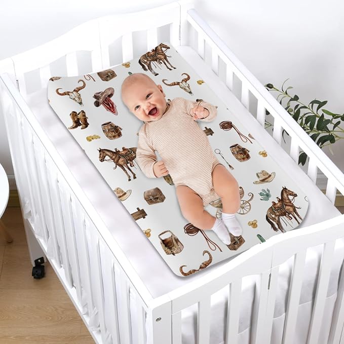 Western Cowboy Changing Pad Covers Cowboy Hat Boots Coins Cactus Goat Skull Horse Diaper Changing Pad Table Sheets for Boys Soft Breathable Stretch Fitted Baby Changing Pad Mats Covers 32''x16''