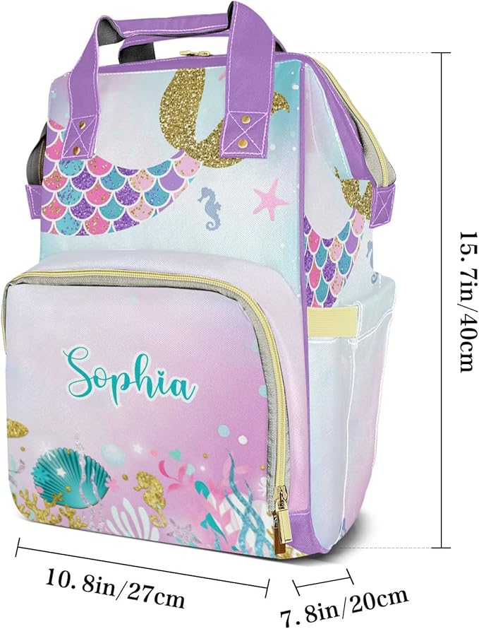 Mermaid Tail Gold Pink Purple Mommy Bag for Baby Girl Custom Diaper Bag Backpack Waterproof Multi-Function Travel Camping Picnic Diaper Carrying Bag