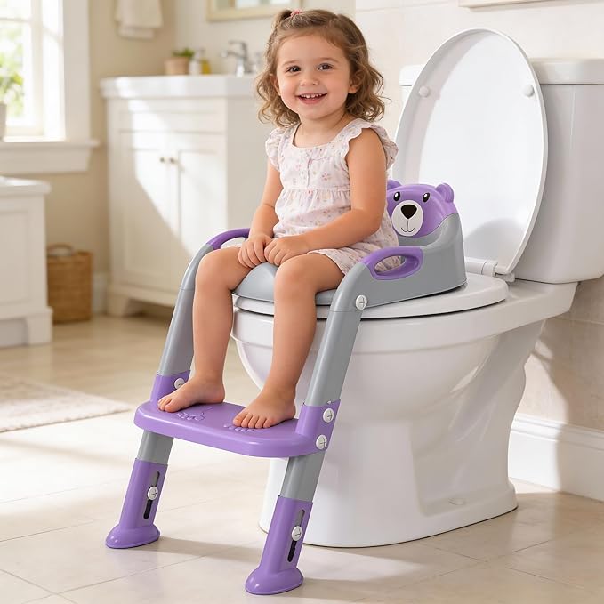 Potty Training Seat with Step Stool Ladder, Toddler Toilet Seat for Boys Girls, Adjustable 6 Heights Fits Round & Elongated Toilets, Anti-Slip Pads & Leak-Proof Guard