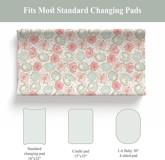 Boho Summer Mermaids Floral Changing Pad Covers for Baby Girls Boys Beach Seashells Conch Tropical Flowers Fitted Change Table Pad Covers Mats Ocean Marine Soft Diaper Changing Pad Sheets 32''×16''