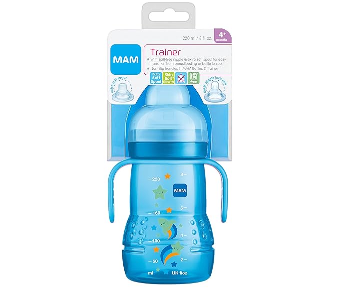 MAM Easy Active Baby Bottle, Switch Between Breast and to Clean, 4+ Months, Boy & Plastic Trainer Cup (1 Count), Trainer Drinking Cup with Extra-Soft Spout, Spill-Free Nipple, and Non-Slip