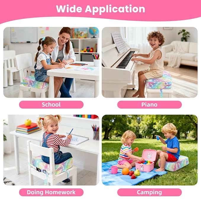 Toddler Booster Seat for Dining Table Kitchen Chair, Kids Booster Seat with Non-Slip Bottom and Adjustable Straps, 4" Detachable Washable Portable Travel Increasing Cushion (Rainbow Unicorn)