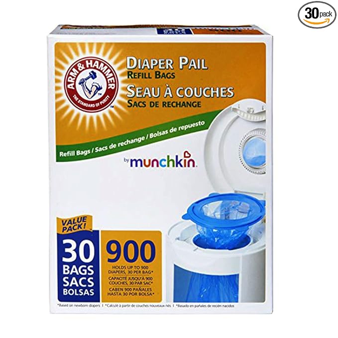 Munchkin Arm & Hammer Diaper Pail Snap, Seal and Toss Refill Bags, 900 Count, 30 Pack