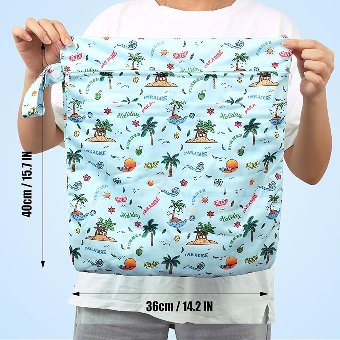 2pcs Cloth Diaper Wet Dry Bags, Waterproof Reusable Wet Bag with 2 Zipper Pockets & Handle, Washable Laundry Bags for Baby Adult Clothes Travel Beach Pool Daycare Yoga Gym Exercise Swimsuits,