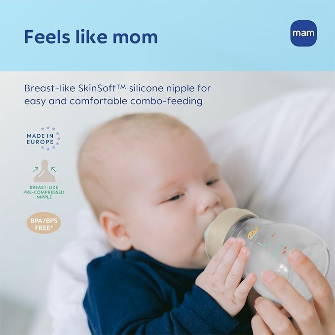 MAM 9oz Premium Glass Wide Neck Baby Bottle with Medium Flow Breastfeeding-Like Silicone Nipple, Easy to Clean, BPA Free, 2+ Months, Easy Switch Between Breast and Bottle, Made in Europe, 3 Pk, Pink