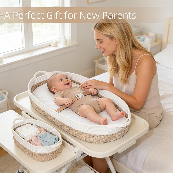Baby Changing Basket with Diaper Caddy Changing Pad, Breathable & Waterproof Dual-Cover Foldable Portable Travel Cotton Rope Baby Changing Mat for Dresser & Table