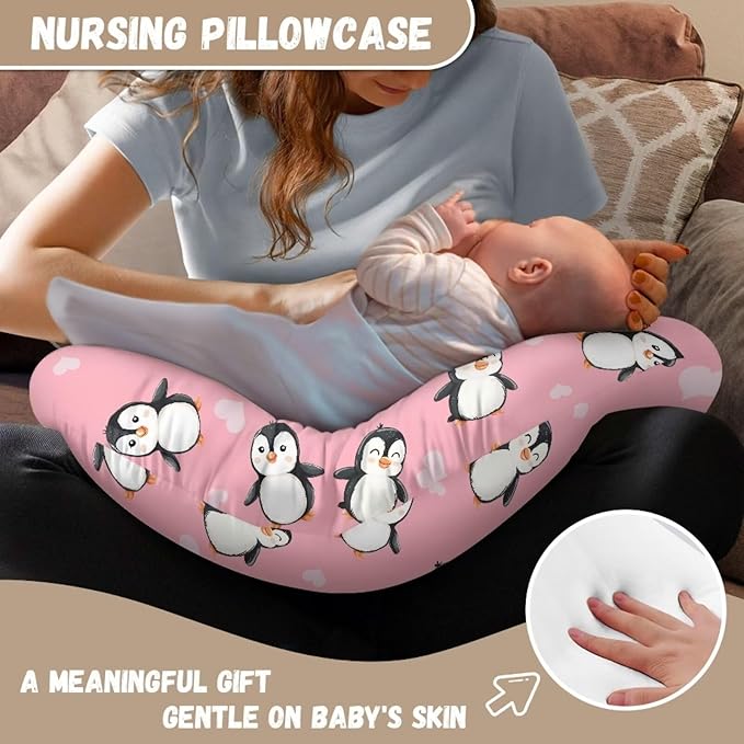 Pink Cartoon Penguin Nursing Pillow Covers Breastfeeding Pillow Slipcover for Newborn Soft Nursing Pillow Case Skin-Friendly U-Shaped Hidden Zipper Design