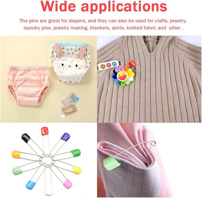 50 PCS Safety Pin 54mm/2.2in Baby Diaper Pins for Cloth Plastic Head Baby Pins for Diapers Stainless Steel Cloth Pins with Locking Closures Nappy Pin for Crafts(DT/Color)