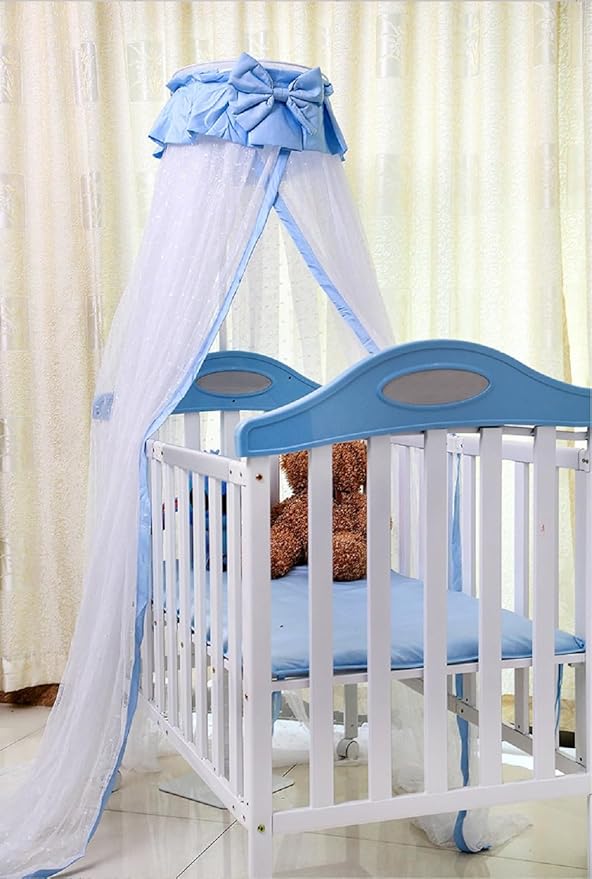 Baby Bed Mosquito Net Crib Hanging Dome Canopy Netting with Blue Bowknot Fits Cradle Cot Boys Girls Nursery Bedroom Decor, H-239