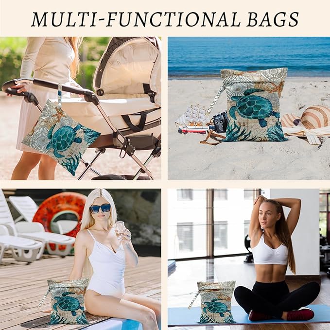Turtle Wet Bags 12x10 Inch, Sea Weed Waterproof Travel Laundry Bags, Shell Washable Reusable Wet Dry Bag for Swimsuit Beach Diapers Dirty Yoga Gym Clothes, Sea Turtle Gifts for Women Friend Travelers