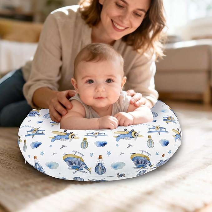 Nursing Pillow Cover, Breastfeeding Pillow Cover for Baby Girls Boys, Soft Stretchy Nursing Pillowcase for Infant Newborn, Removable Slipcover for Nursing Pillows, Blue Airplane(Only Cover)