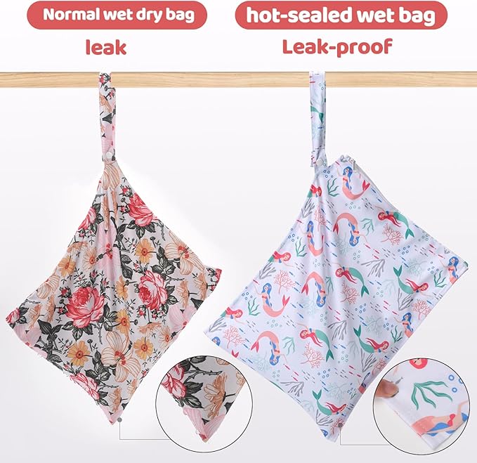 2pcs Baby Diaper Mess-proof Wet Bags,Waterproof Reusable Travel Storage Stroller Daycare Soiled Items Beach Pool Yoga Gym Bag for Wet Toddler Swimsuits -Mermaid