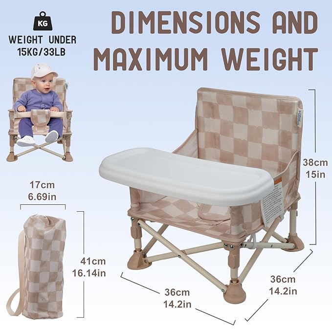 Tiny Marvels 3-in-1 Portable Baby Chair, Foldable Booster Seat with Removable Tray, Safety Harness & Carry Bag for Dining, Travel, Camping, Beach, 6M-3Y (Sand Checker)
