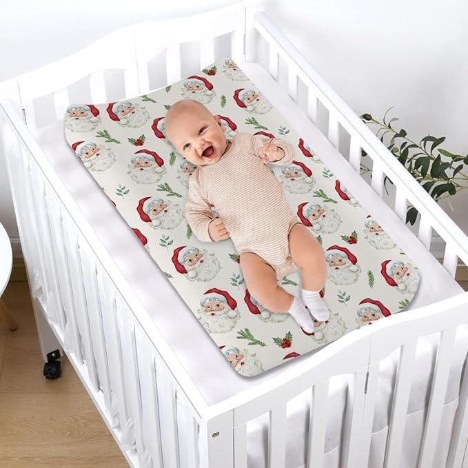 Funny Santa Claus Changing Pad Covers Christmas Cherry Fir Leaves Diaper Changing Table Sheets Cover for Baby Boys Girls Winter Soft Breathable Stretchy Baby Changing Pad Mats 32''x16''