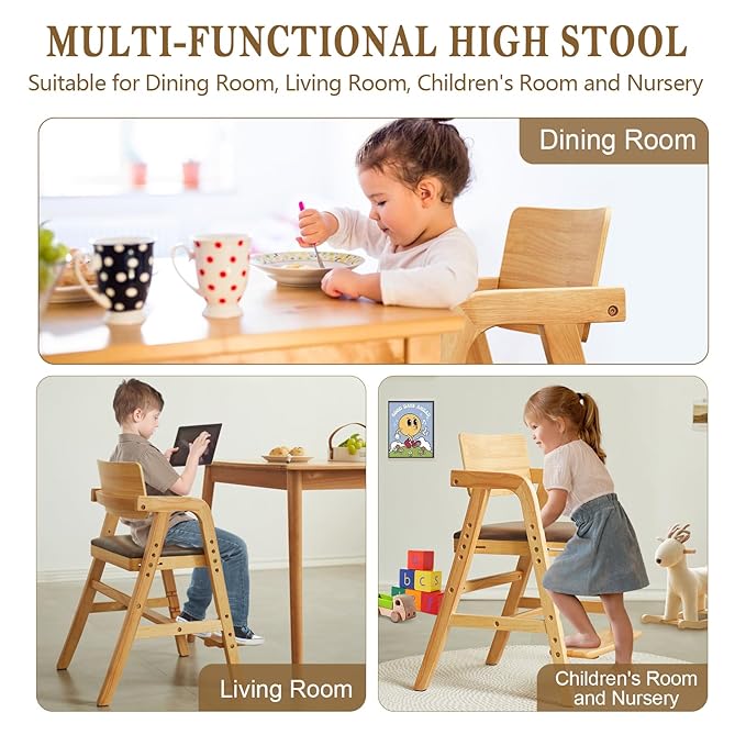 Solid Wood High Chair for Toddlers to Teens, Adjustable Height Toddler Dining Chair, Easy to Clean Toddler Highchair with Removable PU Cushion for Dining, Studying, Step Stool, Natural