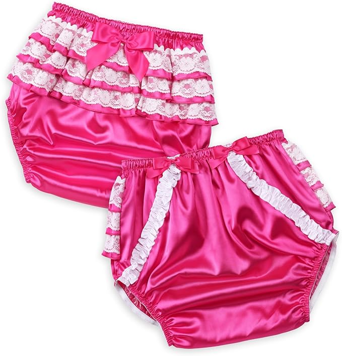 Littleforbig Washable Ruffled Lace Bow Pretty in Rose Satin Over Diaper Cover L