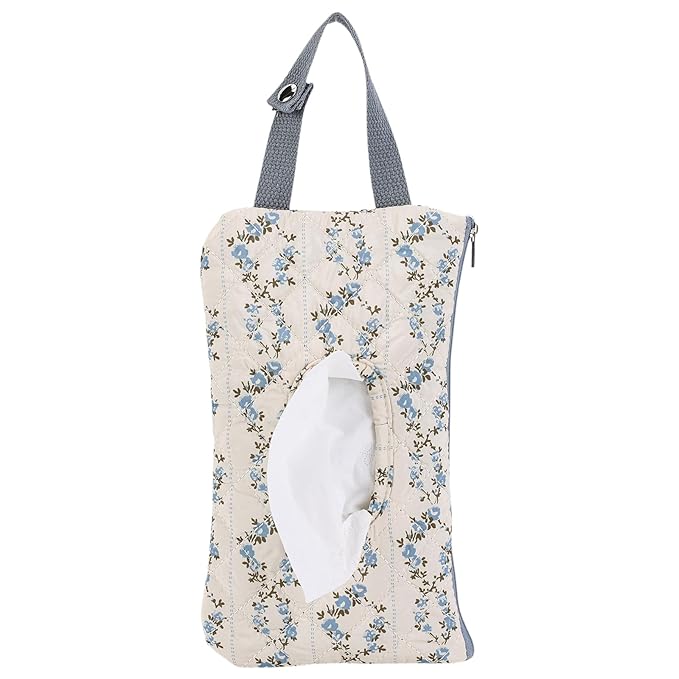 Quilted Baby Wipe Holder, Canvas Floral Quilted Pouch with Hanging Strap, Portable Diaper Wipe Holder for Travel Stroller-Blue Flower