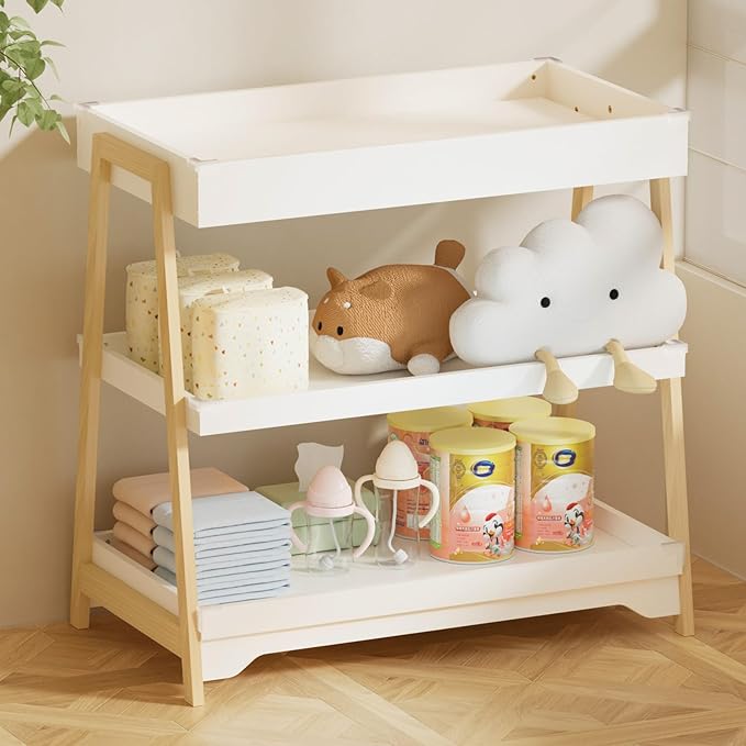 KORIMEFA Baby Changing Table with Two Open Shelves for Infant Daycare Essentials Storage - White with Natural Wood Legs