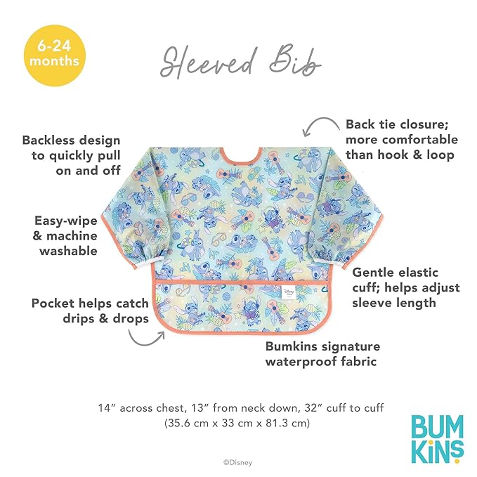 Bumkins Disney Stitch Sleeved Baby Bib – Long Sleeve Waterproof Fabric Feeding Smock with Crumb Catcher Pocket, Adjustable Toddler Apron for Baby Led Weaning, Comfortable for Ages 6–24 Months, 2-pack
