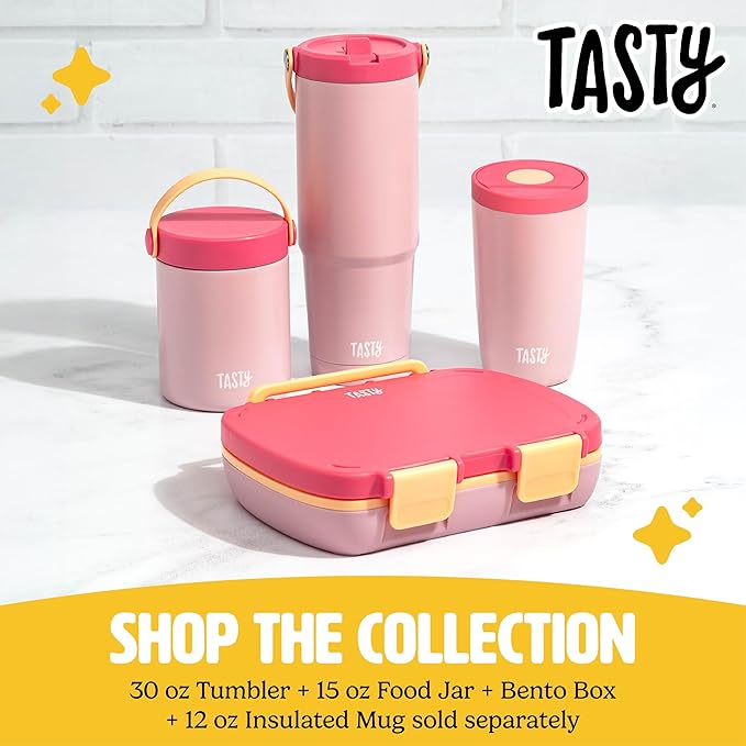 Tasty Food Jar with Folding Handle, Portable Snack Travel or Lunch Container, Stainless Steel Insulated Vacuum with Leak-Proof Lid, Keeps Food Hot or Cold for Hours, 15-Ounce, Pink